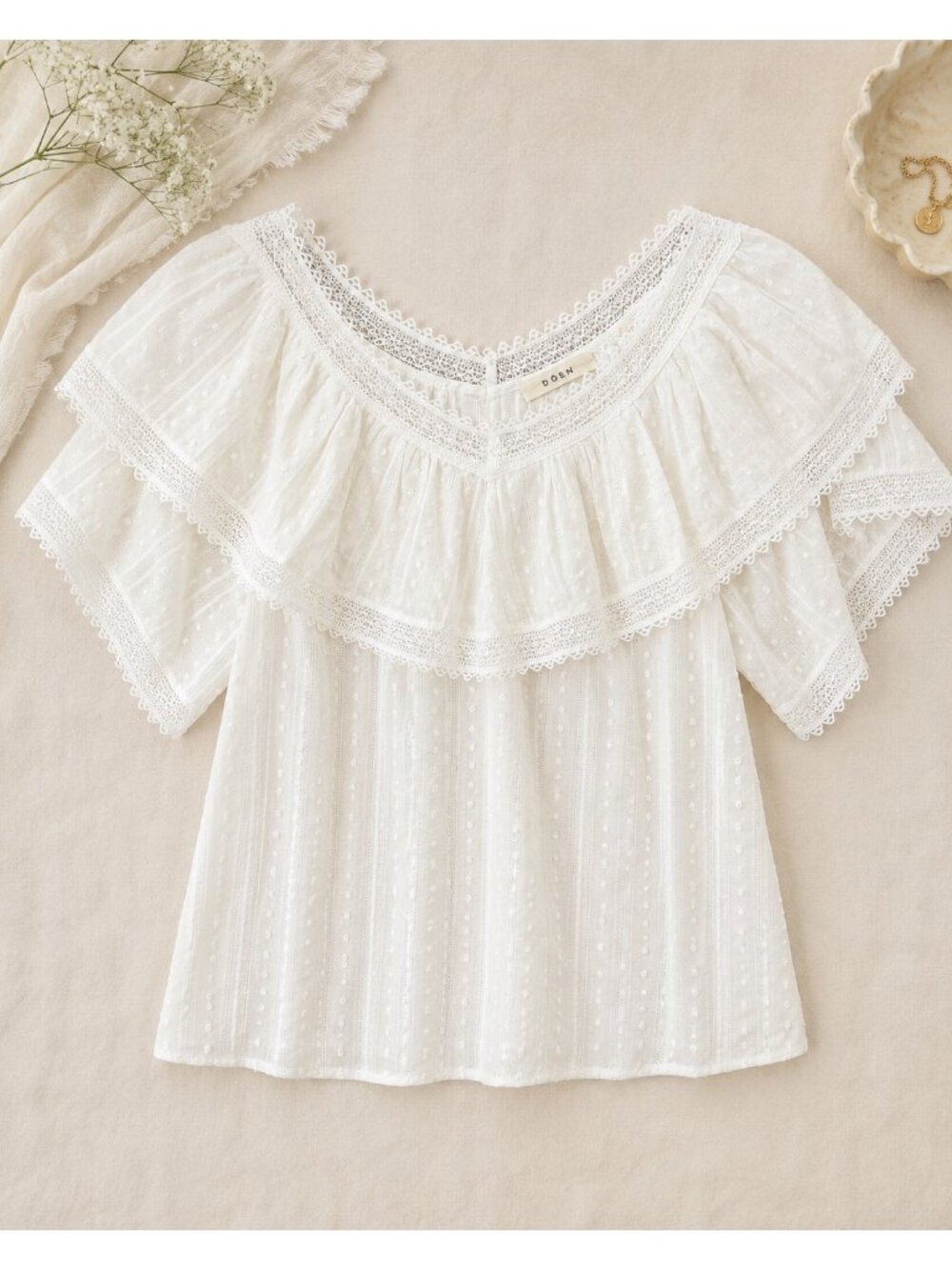 Dôen White Lace-Trimmed Off-Shoulder Blouse With Eyelet